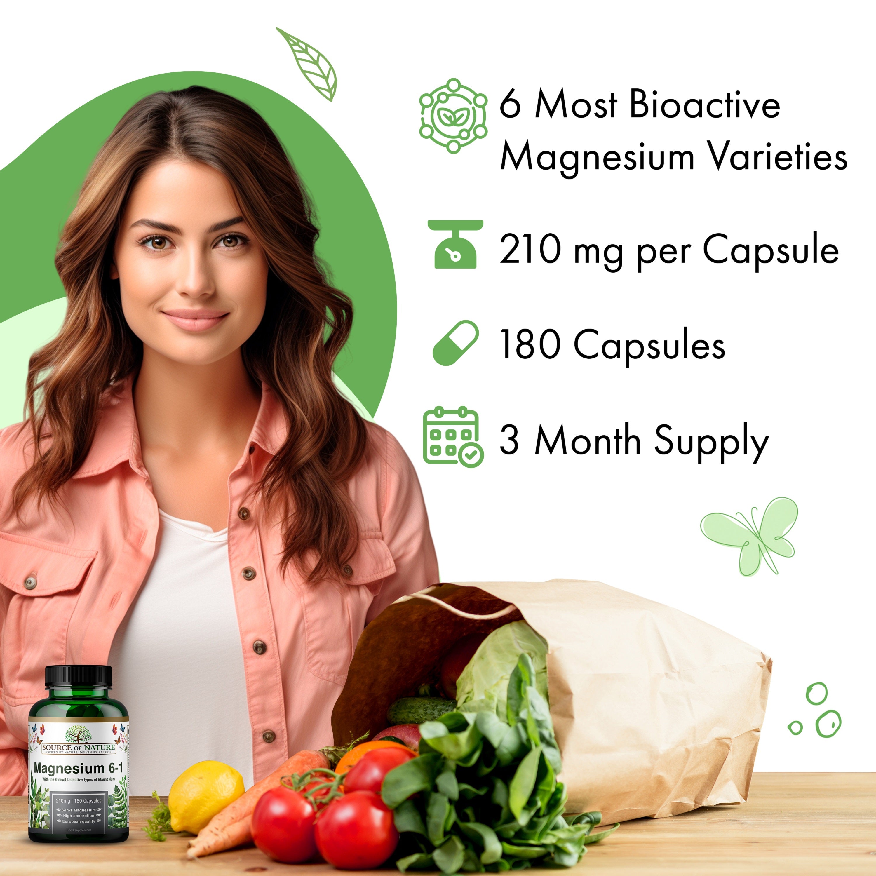 6-in-1 Magnésium 420mg | 180 Capsules | Approvisionnement de 3 mois - Source of Nature